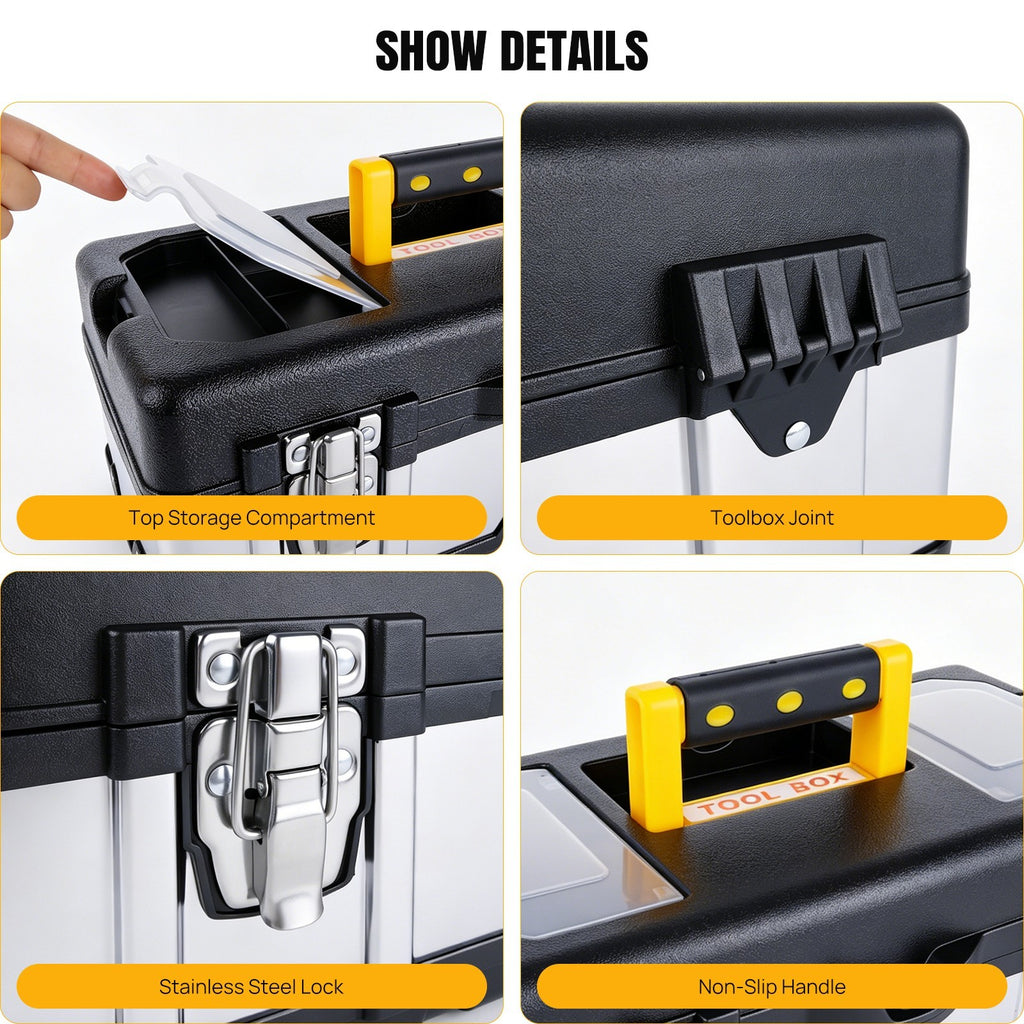 Stainless Steel Heavy Duty Chest Storage Case + Removable Tray Tool Box 17Inch
