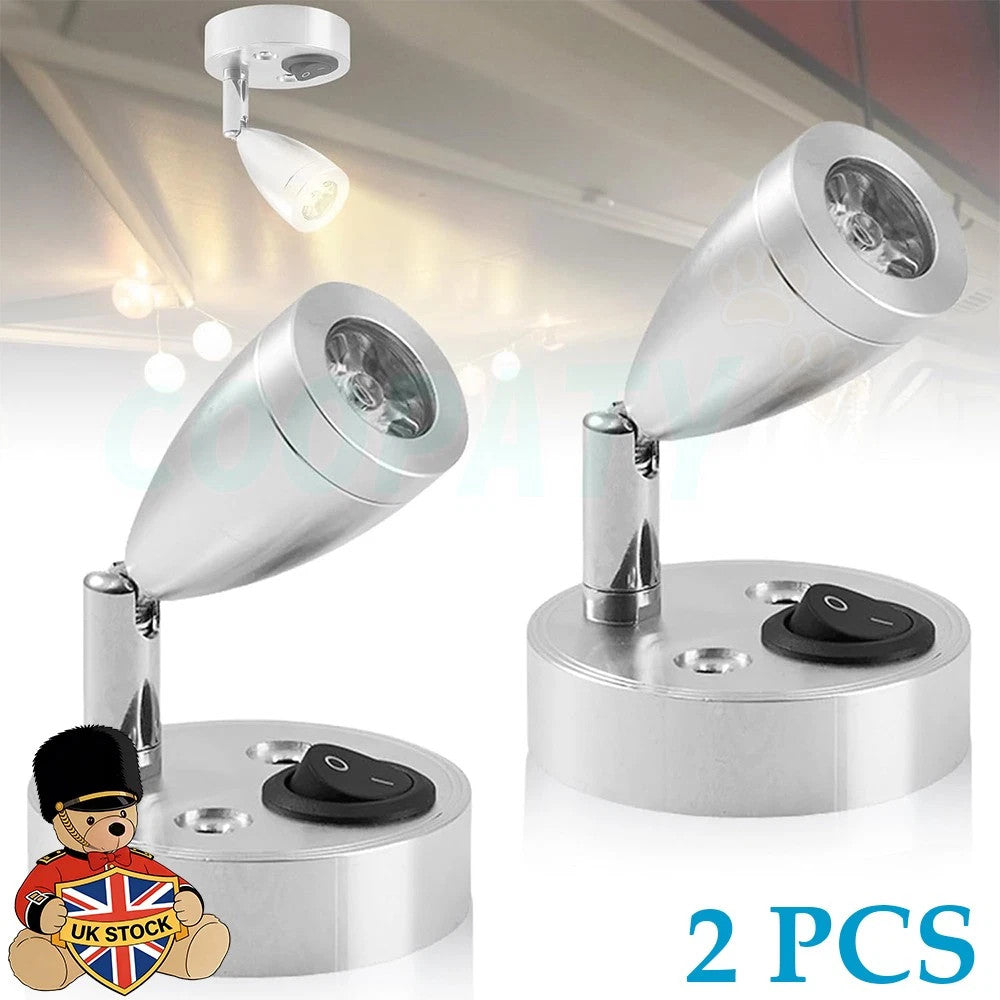 2Pc 12V LED Interior Spot Reading Light Switch Camper Van Caravan Boat Motorhome