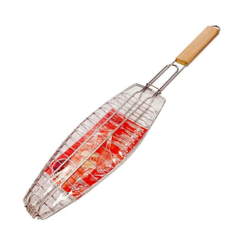 2 x Fish Grill Basket Rack Large BBQ Meat Folding Stand Long Handle Mesh 1243