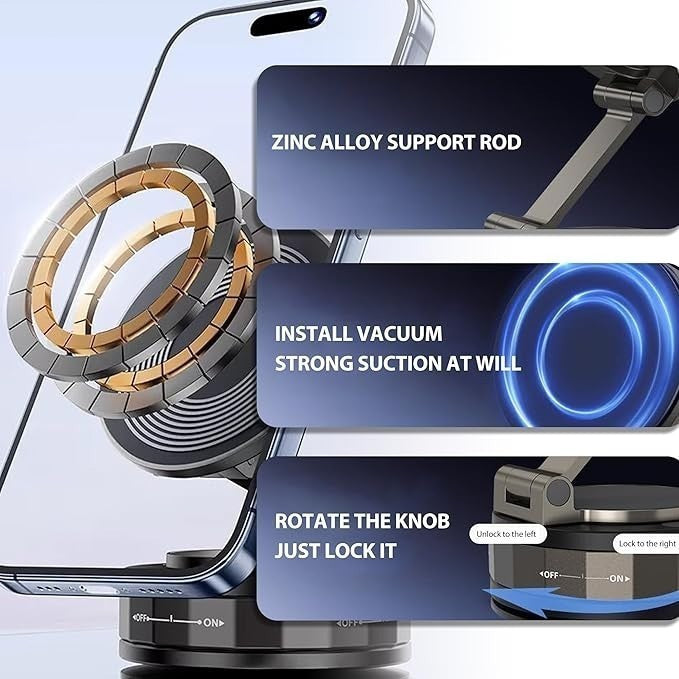 Magnetic Foldable Vacuum Car Phone Holder 360° Rotating Suction Cup Phone Mount