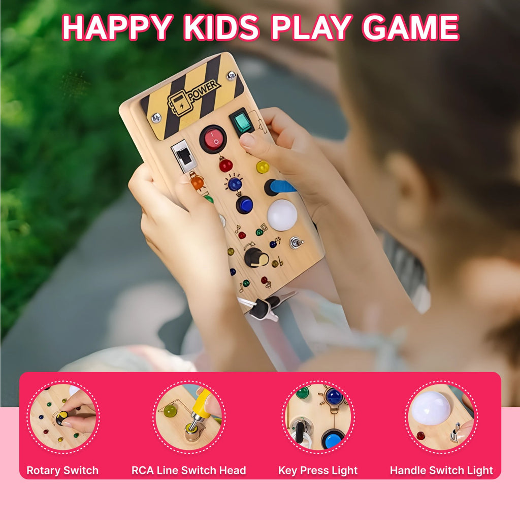 Montessori Busy Board Sensory Travel Activity Toys Wooden With LED Light Switch