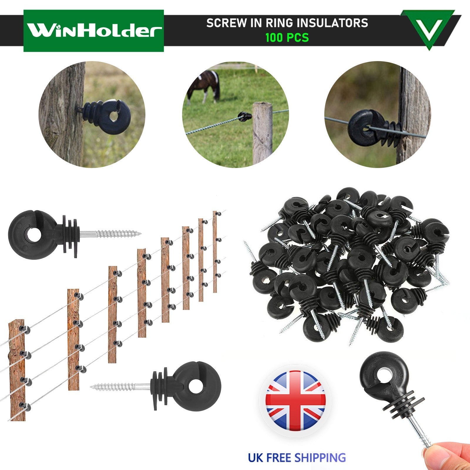 Ring Insulators x 100 - Electric Fencing Fence Screw In For Wooden Posts Wire