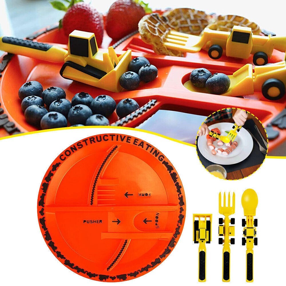 Constructive Eating Plate and Utensils Set Construction Toddler Dinnerware UK
