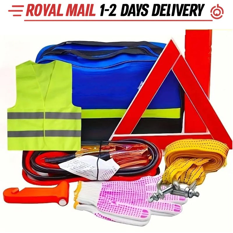 7x Car Emergency Breakdown Safety Kit with Jump Leads Tow Rope Warning Triangle