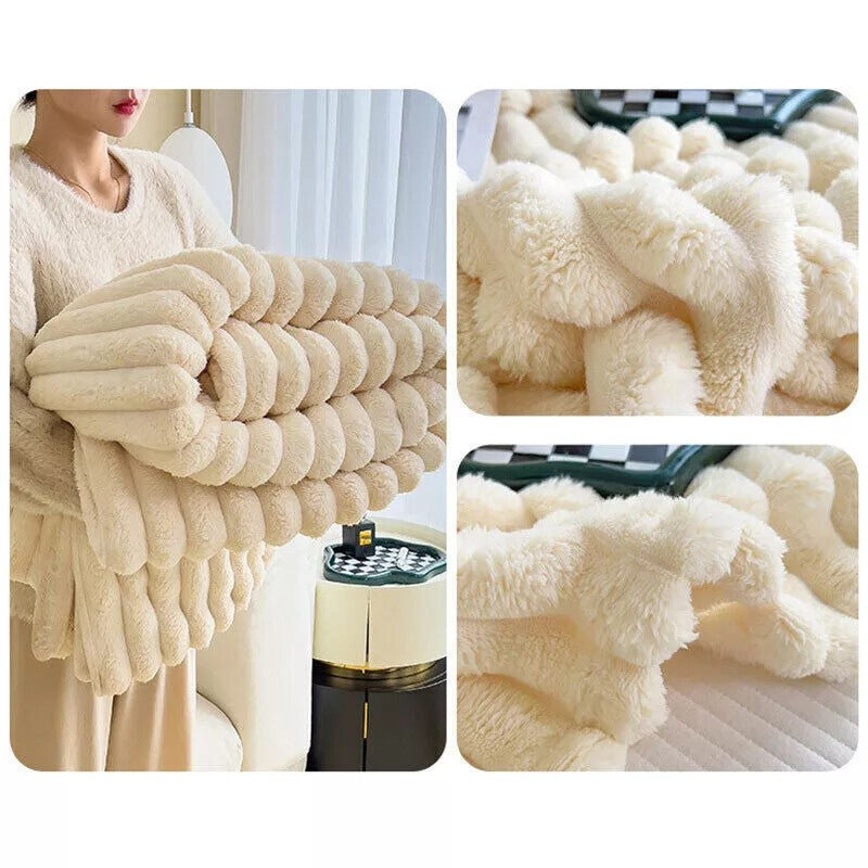 Ribbed Soft Fleece Throws Chunky Cord Blanket Faux Fur Warm Sofa Bed Blanket UK