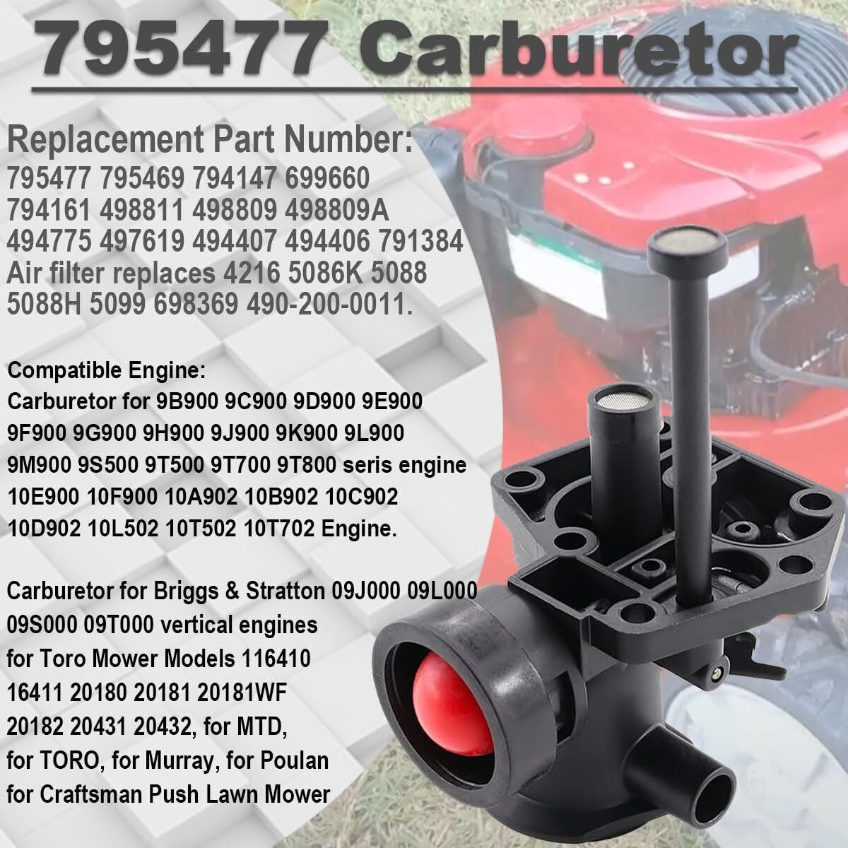 Carburetor Kit for Briggs & Stratton 497619 499809 498809 498809A 494406 698369