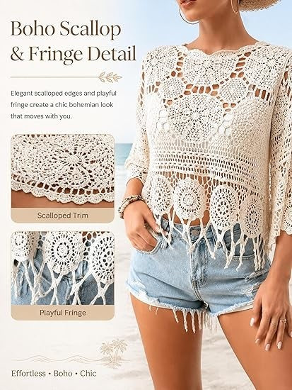 Women's Plain Fringe Trim Cut Out Sheer Cover Up-Boho Scallop Trim 3/4 Sleeve