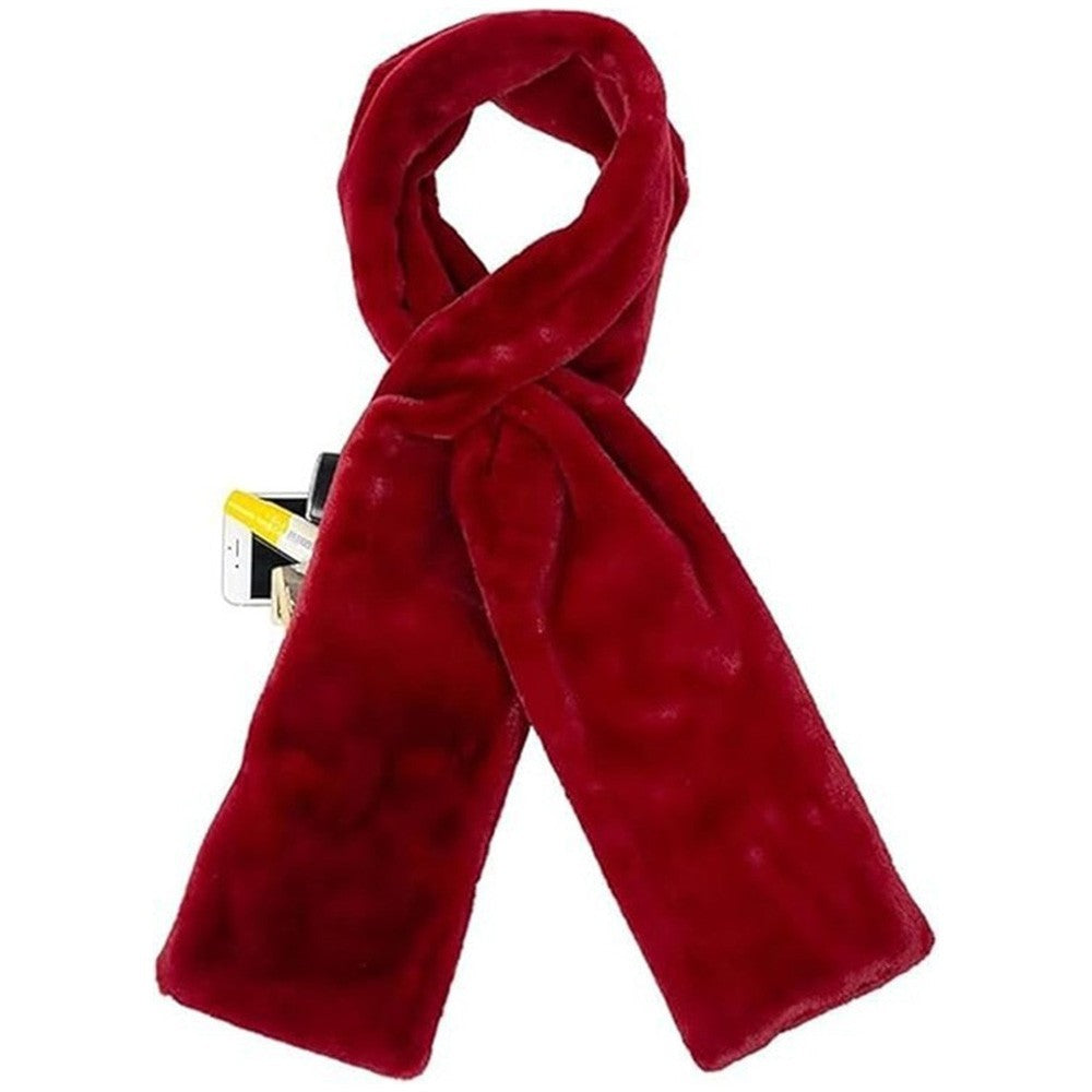 Faux-Fur Pull Through Scarf With Hidden Zipper Pocket Warm Neckwear for Women