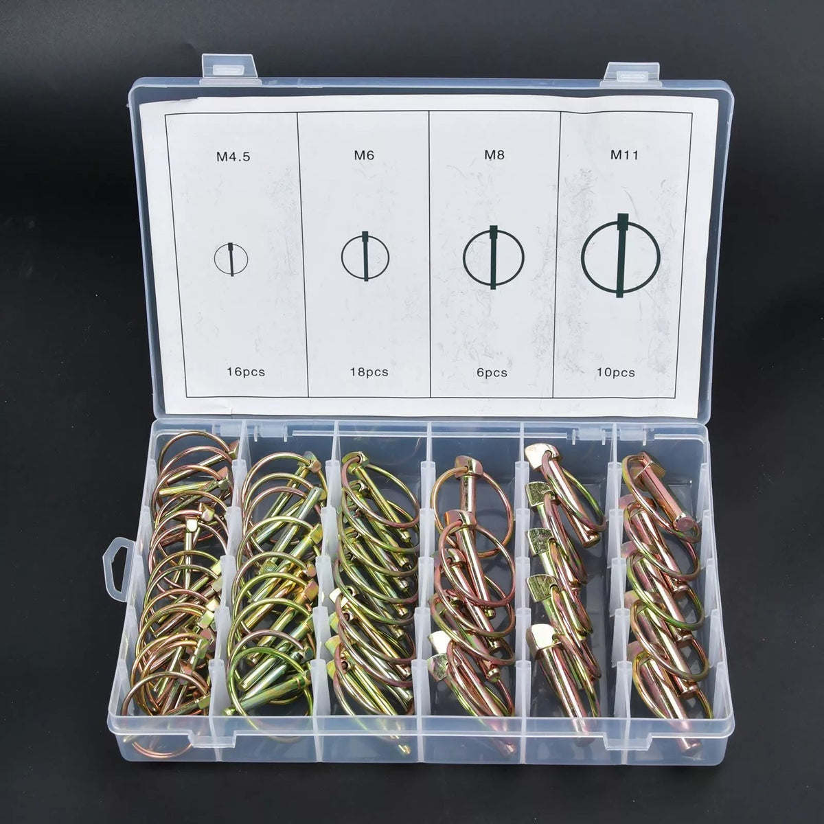 50Pcs Assorted Lynch Linch Pin Set 4.5mm 6mm 8mm 11mm For Tractor Trailer Shafts