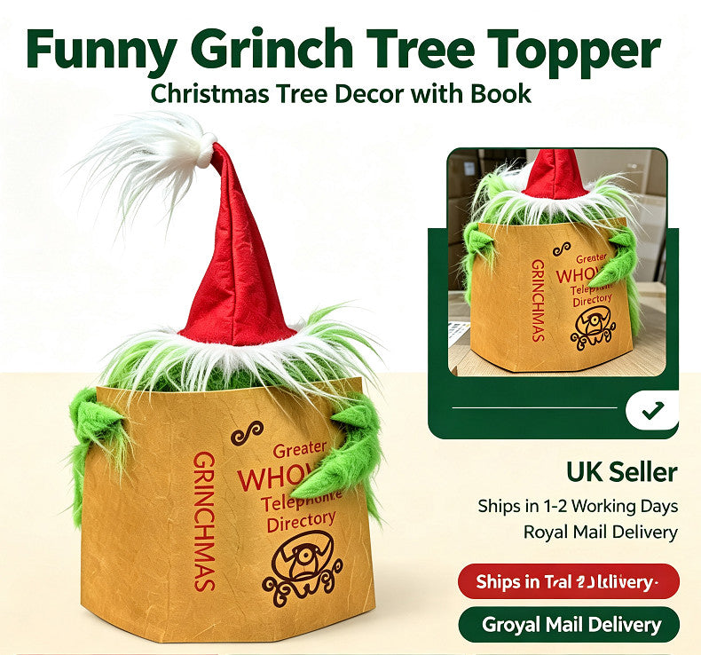 Topper Funny Grinch Hiding Behind Book Treetop Christmas Decor Christmas Tree