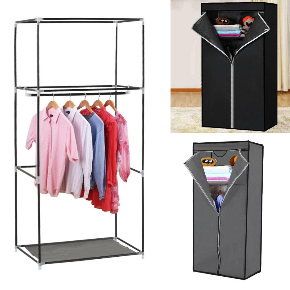 Single Fabric Canvas Wardrobe with Hanging Rail Shelving Clothe Storages Closets