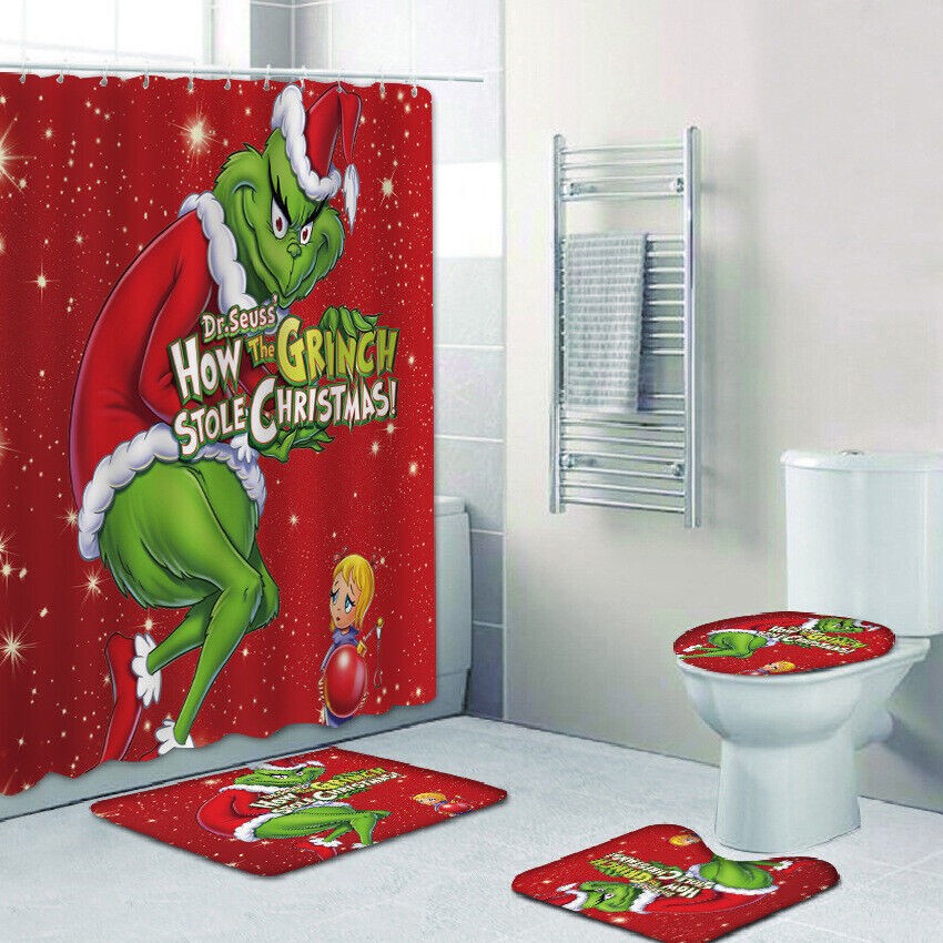 3D How the Grinch Stole Christmas Shower Curtain Bath Mat Toilet Cover Rug UK