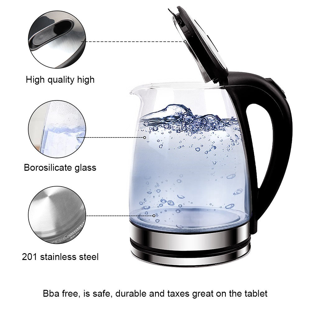 2L Electric Kettle Fast Glass Kettle Boil Quiet 360 Blue LED Boil-Dry Protection