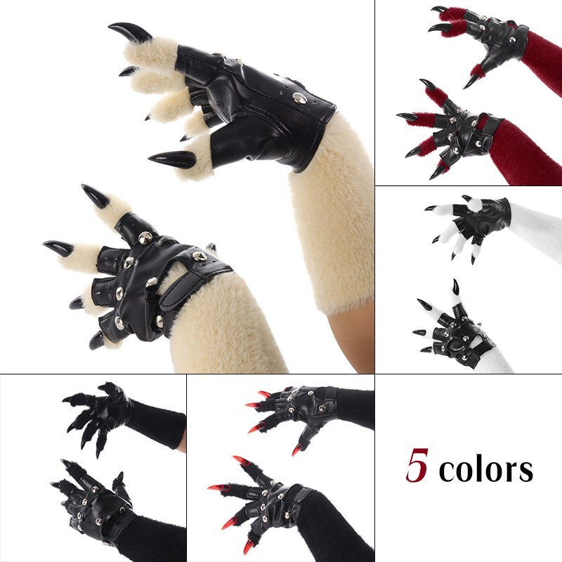 Fursuit PU Leather Fur Gloves Animal Paw Gloves Beast Claws for Party Cosplay