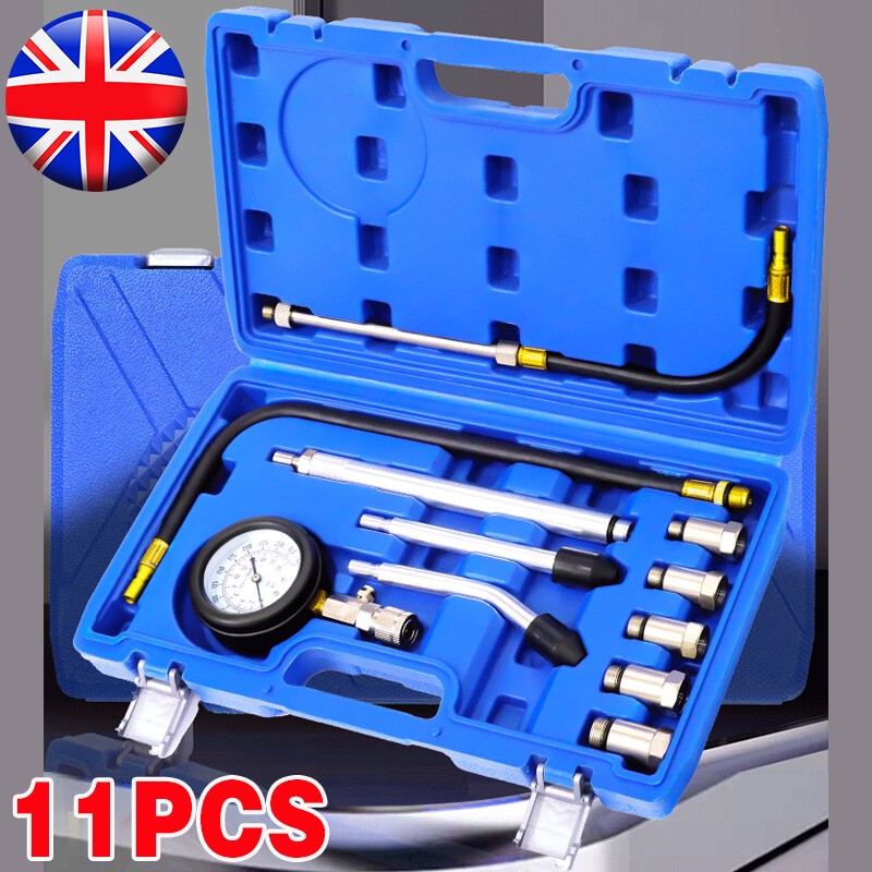 11PCS Petrol Engine Compression Tester Kit Fuel Cylinder-Pressure Gauge Tool Set