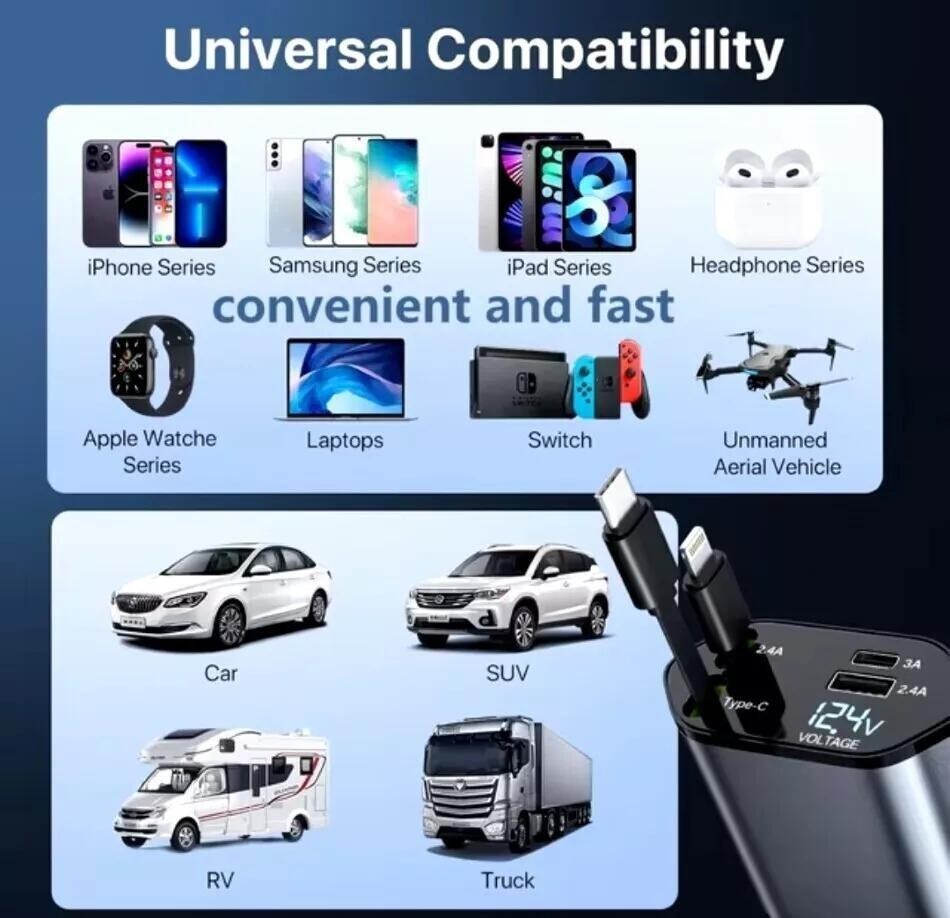 Retractable Car Charger 4IN1 120W USB Type C Cable For Phone Fast Charge Adapter