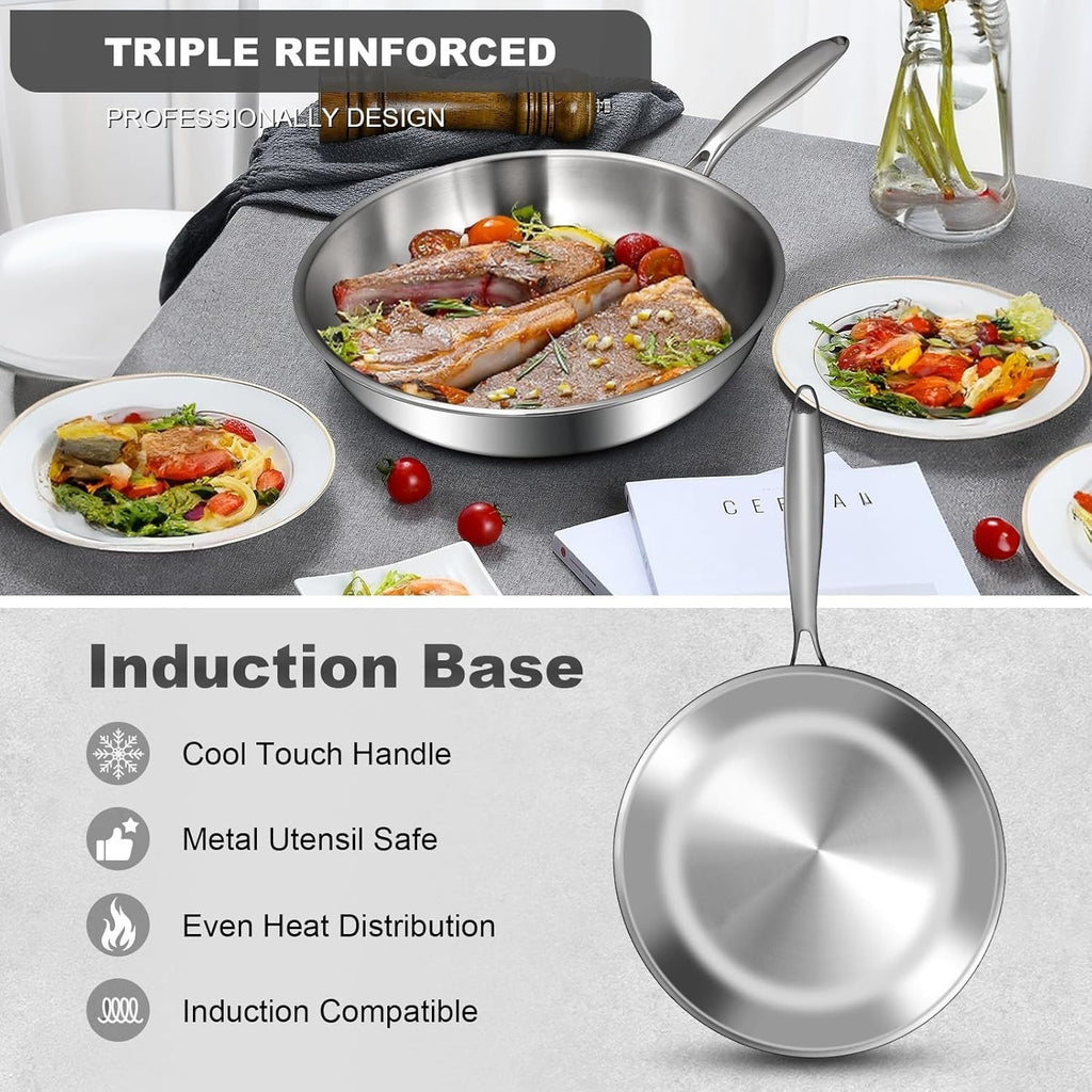 28cm Stainless Steel Frying Pan Induction Compatible Skillet Heavy Duty