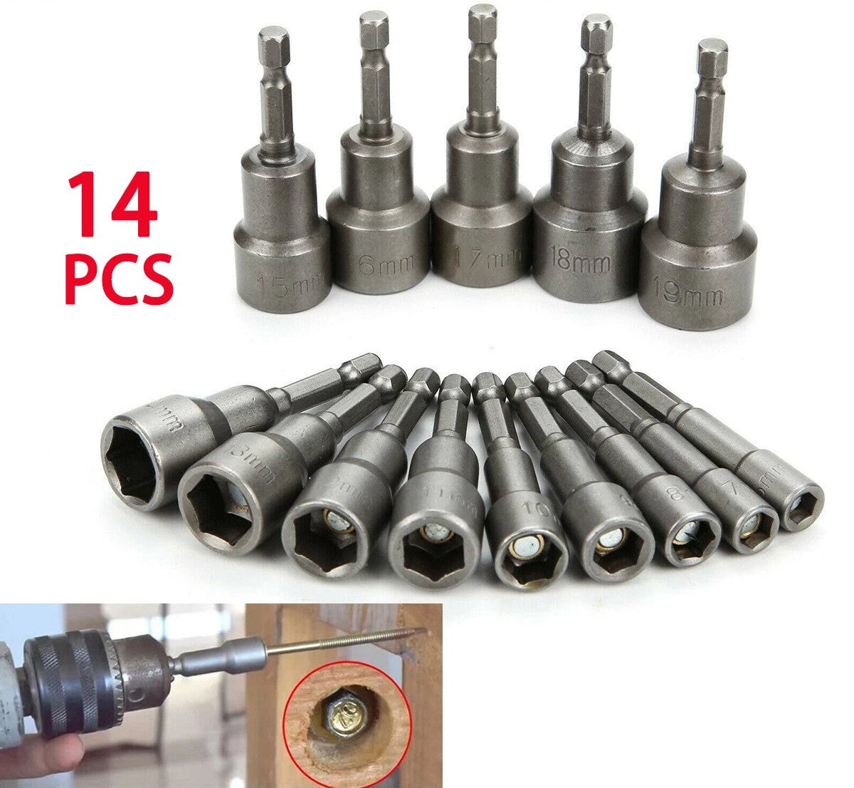 14pcs 6 -19mm 1/4" Nut Driver Bit Set Hex Magnetic Metric Socket Impact Drill UK