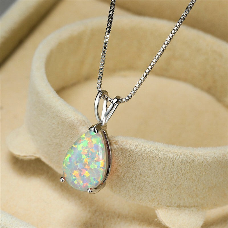 White Opal Pendant Necklace Minimalist Droplet Fire Opal Stone Jewellery