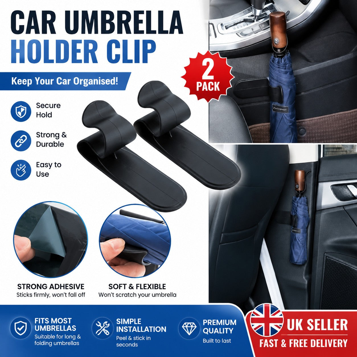 2 x Universal Car Interior Accessories Umbrella Hook Holder Hanger Clip Fastener