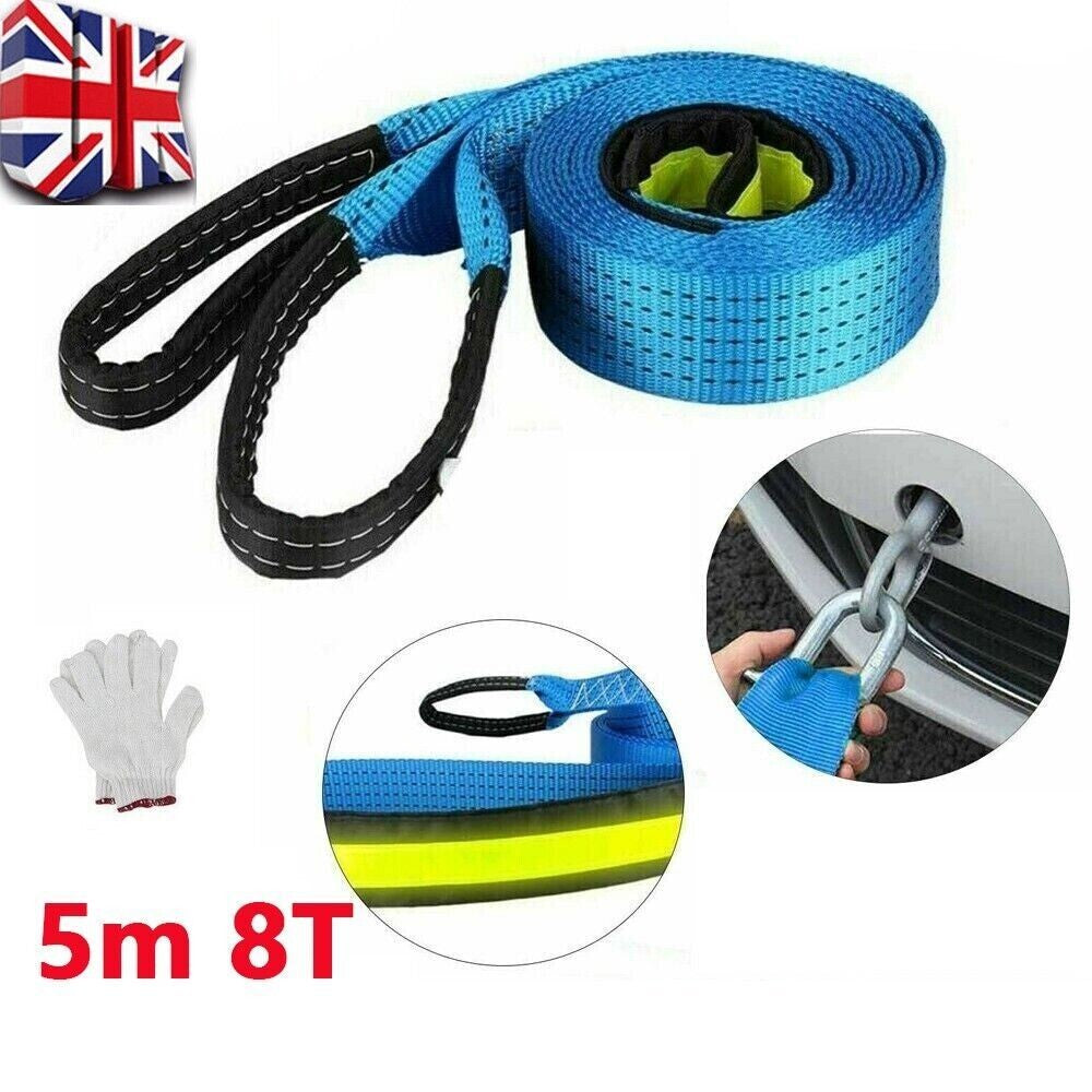 Heavy Duty Tow Rope Thicken 8T 5M Towing Strap Trailer Belt & Metal Hooks