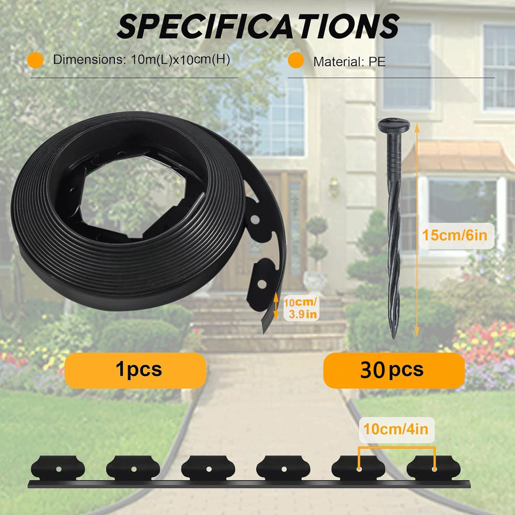 100 Metre Flexible Garden Border Edging Grass Lawn Path Edging With Plastic Pegs