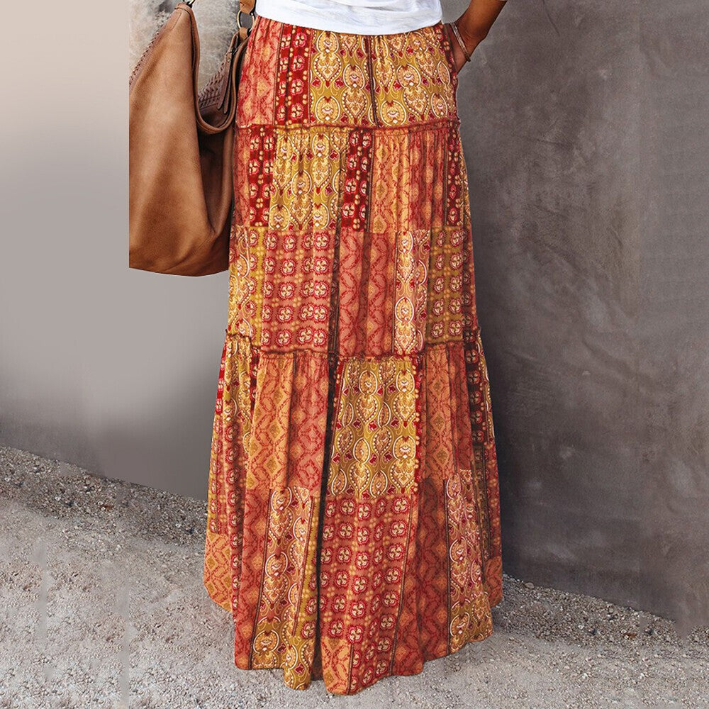 Women Bohemian High Waist Long Skirt Ladies Holiday Swing Baggy Boho Maxi Skirts