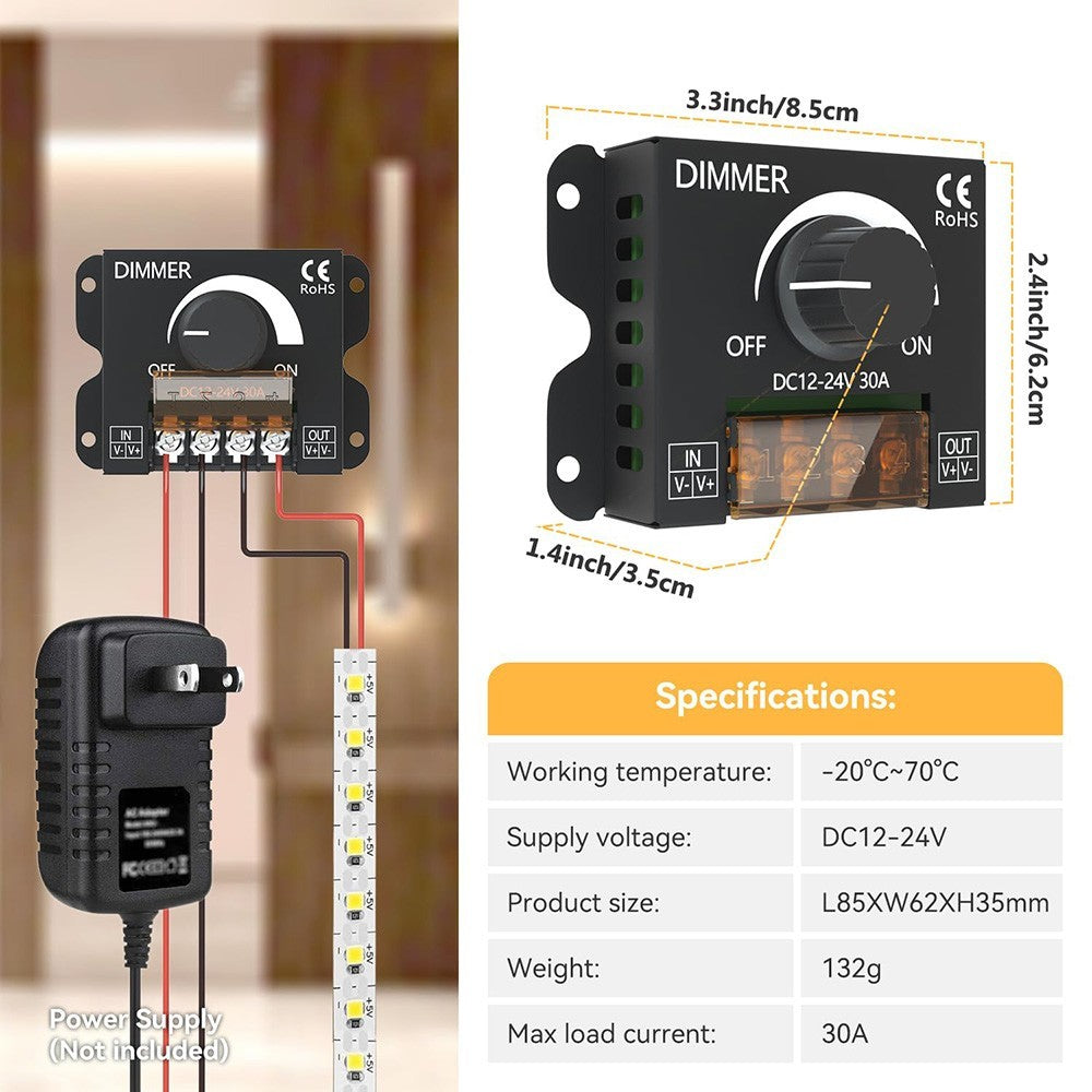 DC 12V-24V 30A PWM Dimming Controller with Knob LED Light Strip Switch Dimmer