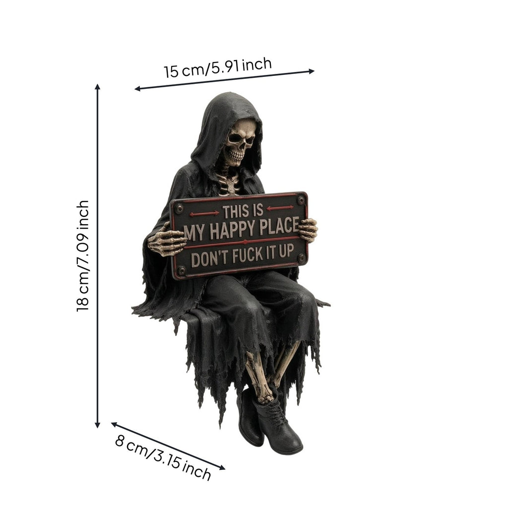 Skeleton Statue with Sign Tabletop Grim Reaper Statue Dark for Bookshelf, Goths