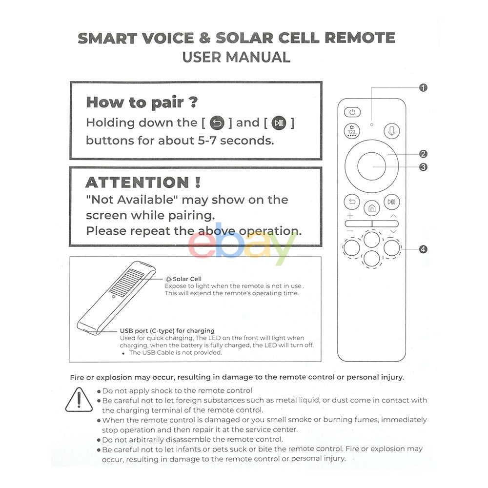 New BN59-01455E Rechargeable Solar Cell Voice Remote For Samsung TV BN59-01455A