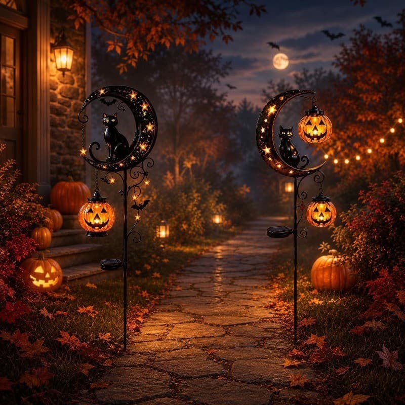 Halloween Solar Black Cat Pumpkin Moon Garden Stake Light Waterproof Yard Decor