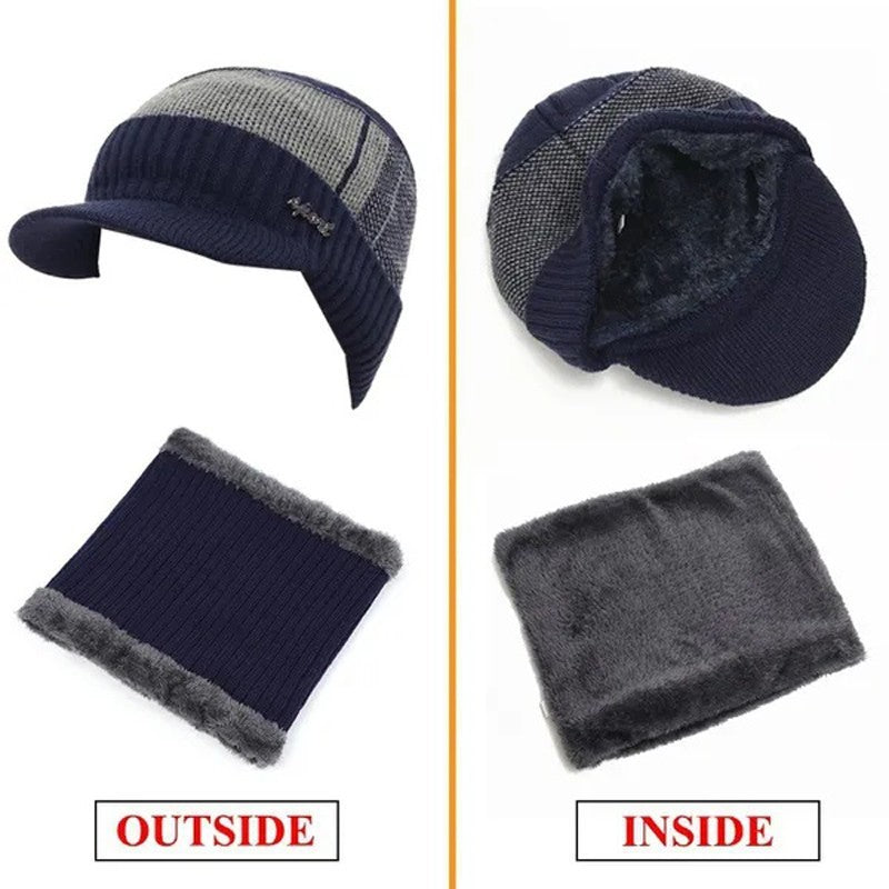 Mens Winter Warm Peaked Beanie Hat Fleece Lined Outdoor Ski Cap with Scarf