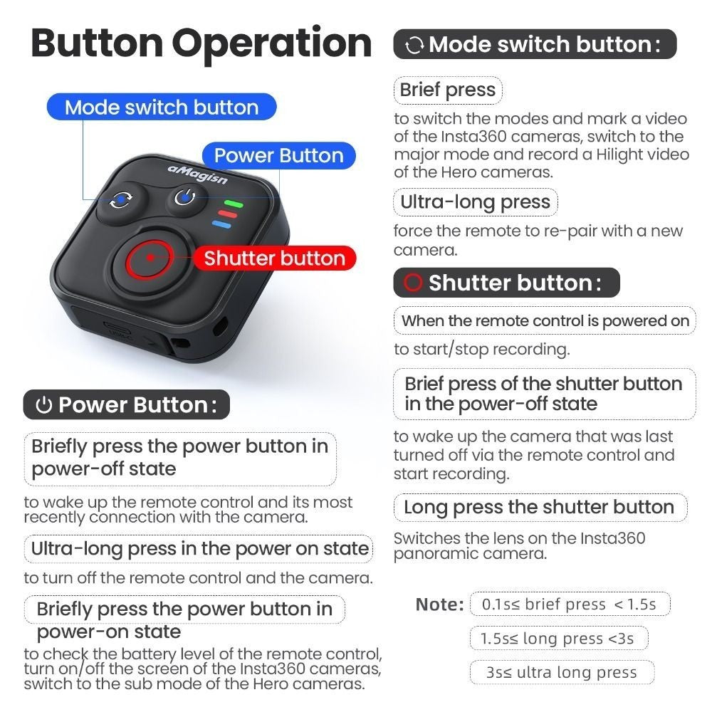 Bluetooth Remote Control for Insta360 X5/X4/AcePro 2/DJI Action 5 Pro