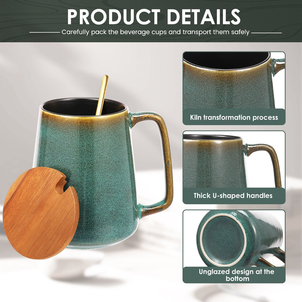 Large Ceramic Coffee Mug 24 OZ Coffee Cup with Spoon and Wood Lid