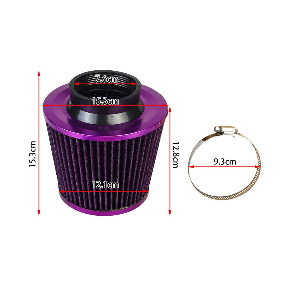 3" 76mm High Flow Inlet Cold Air Intake Cone Replacement Dry Air Filter Purple