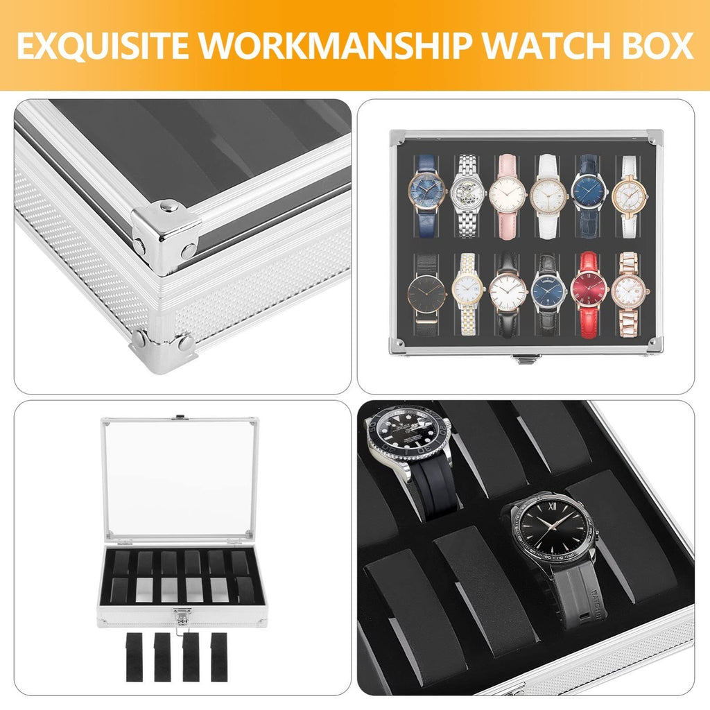 12 Aluminum Wristwatch Watch Jewellery Display Storage Case Box Transparent