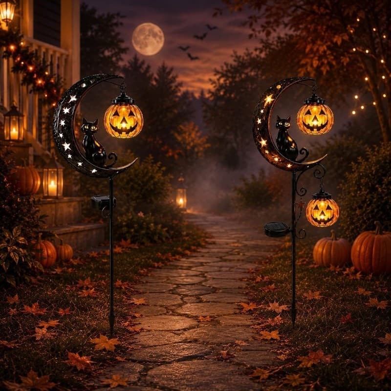 Halloween Solar Black Cat Pumpkin Moon Garden Stake Light Waterproof Yard Decor