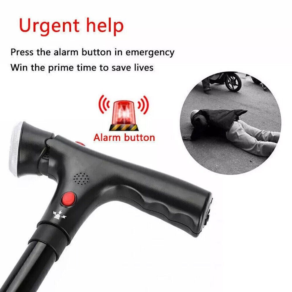 Elder Folding Walking Stick Walking Cane Height Adjustable LED Light Alarm