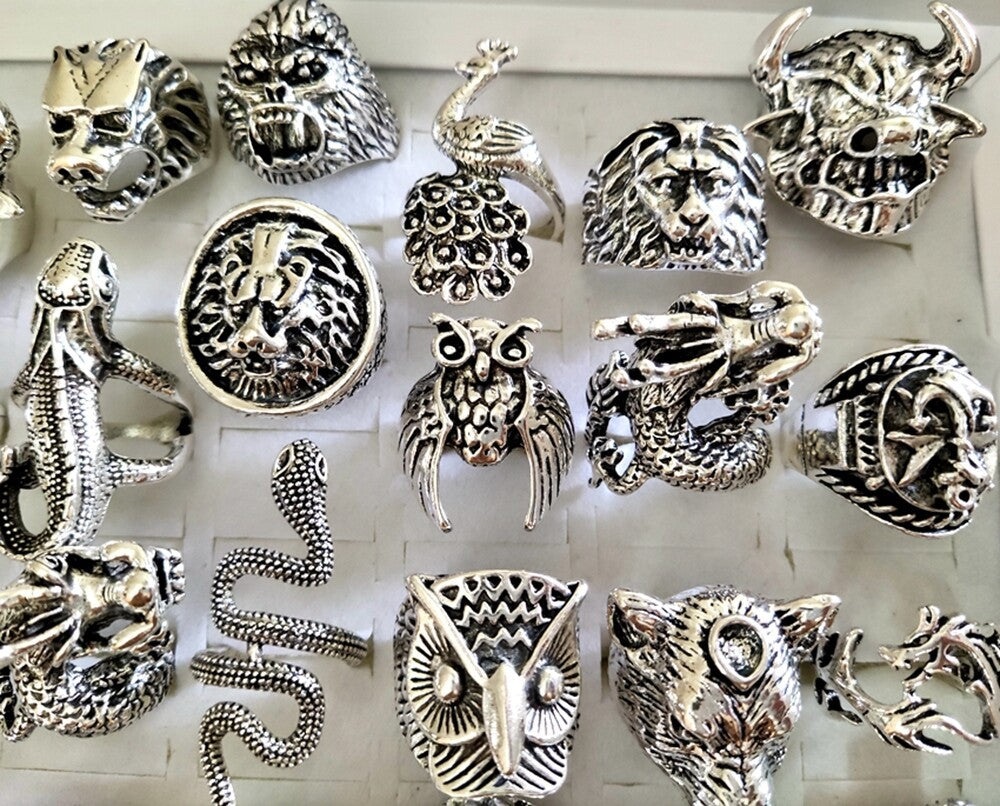 Wholesale Lot 25 Vintage Ferocious Animal Head Punk Rings Retro Jewelry For Men