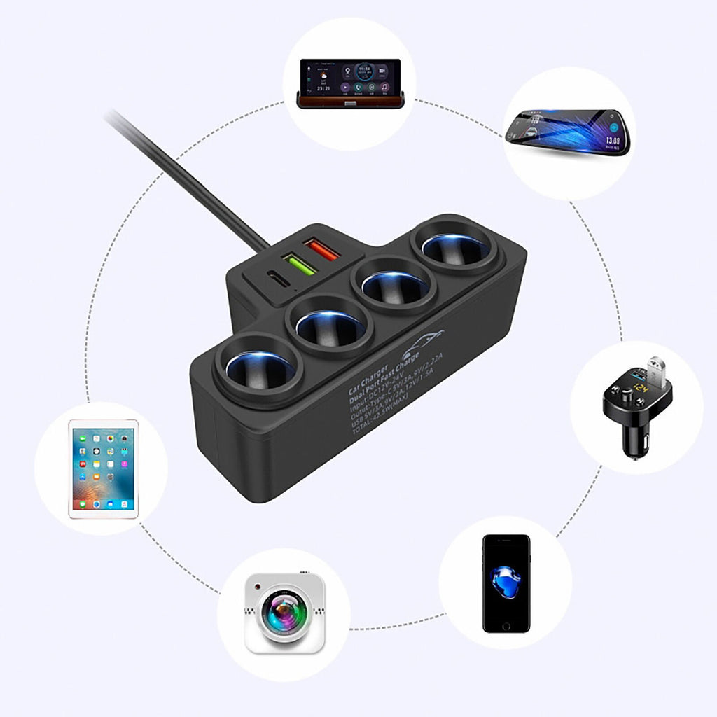 4 Way Multi Socket Car Cigarette Lighter Splitter USB Charger Adapter 12V 24V UK