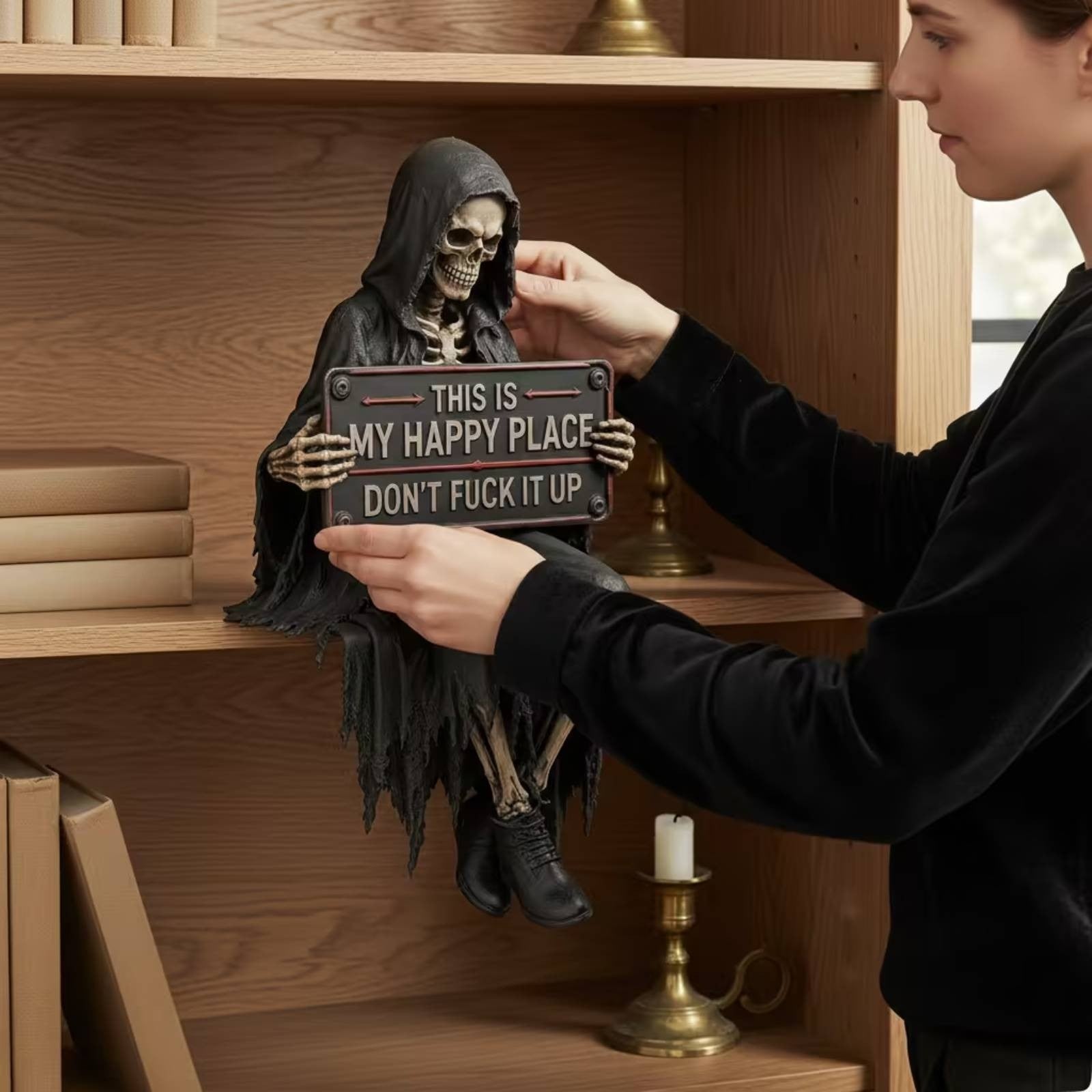 Skeleton Statue with Sign Tabletop Grim Reaper Statue Dark for Bookshelf, Goths