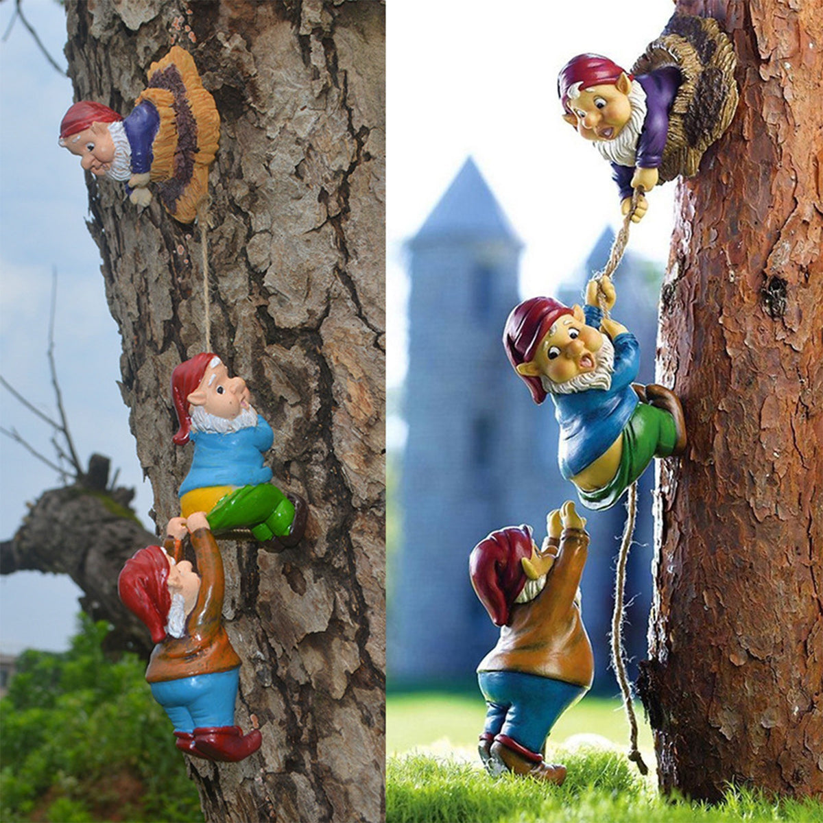 Climbing Gnomes Tree Funny Gnome Garden Statue Resin Dwarf Sculpture Ornament UK