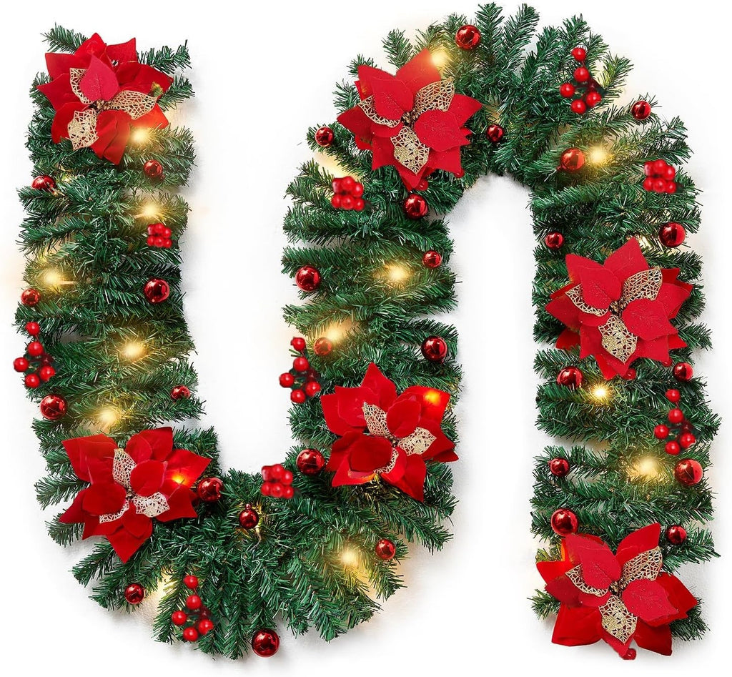9FT Pre Lit Christmas Garland with Lights Door Wreath Xmas Fireplace Decor LED