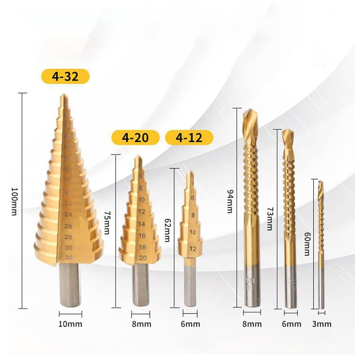 6PCS 4mm-32mm Spiral Step Cone Drill Metal Hole Cutter Titanium Nitride Coat UK