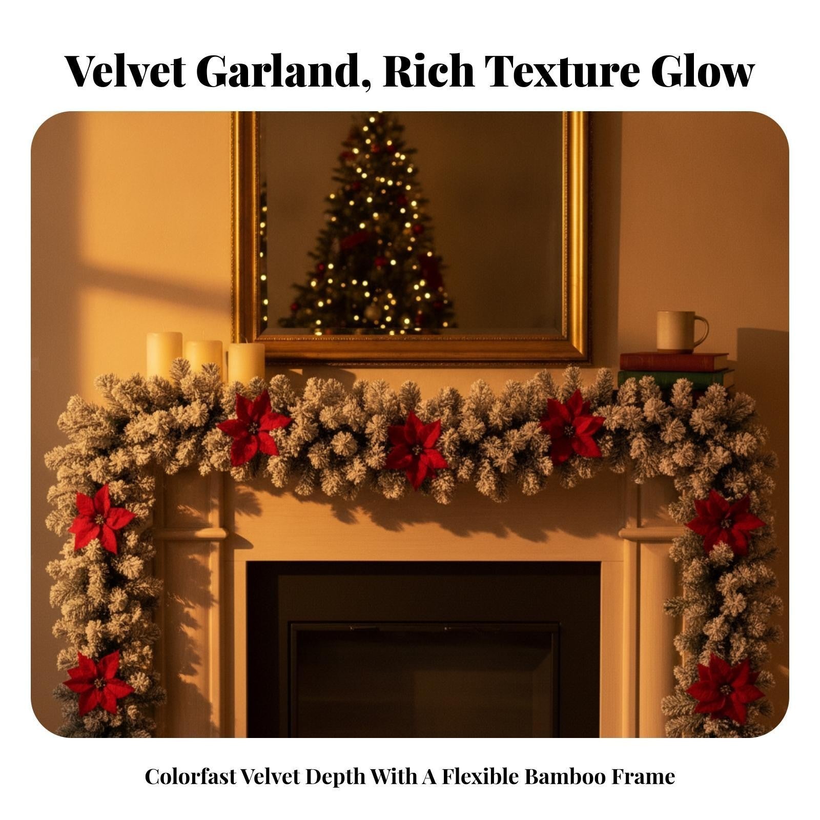 Fir Garland with Poinsettias Winter Decorations Flexible for Mantel