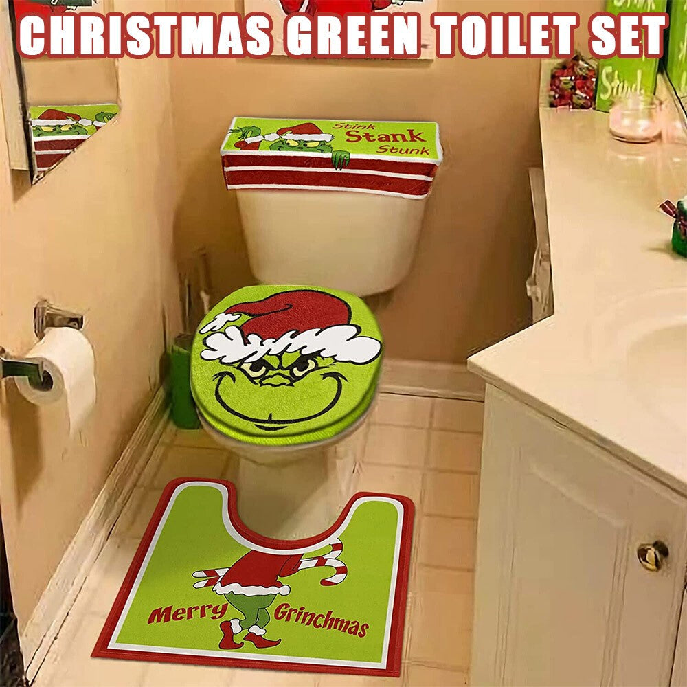 4PCS/Set Christmas Grinchs Decor Bathroom Toilet Pad Seat Cover-Rug for Bathroom