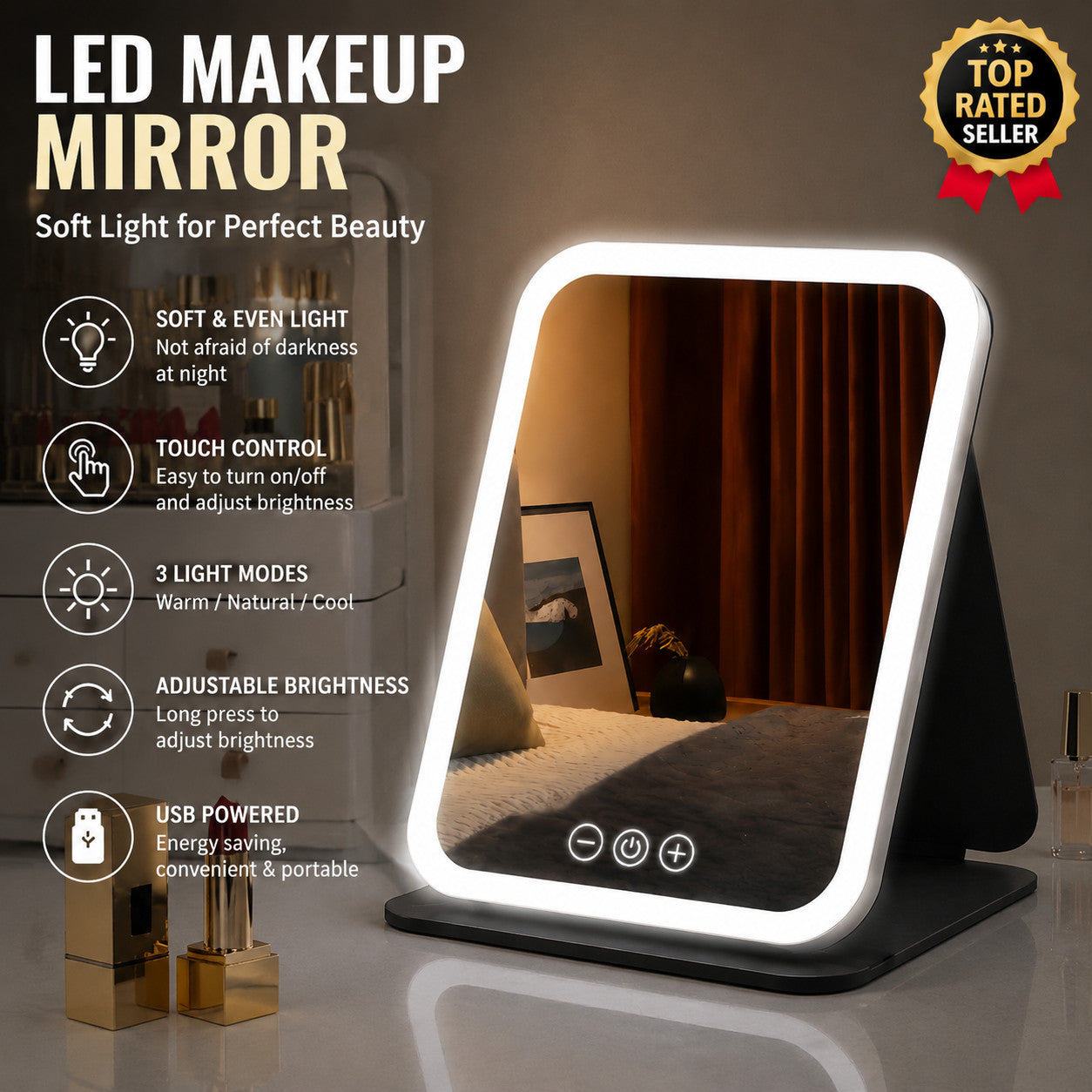 LED Rechargeable Makeup Mirror, 3 Color light, Touch Screen for Travel, Dimmable