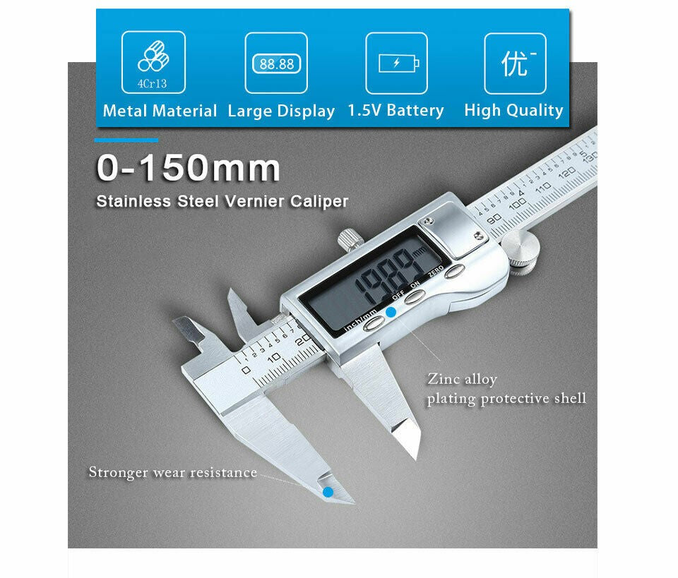 150mm Vernier Caliper Stainless Steel Digital Caliper 6 inch Measuring Tool．