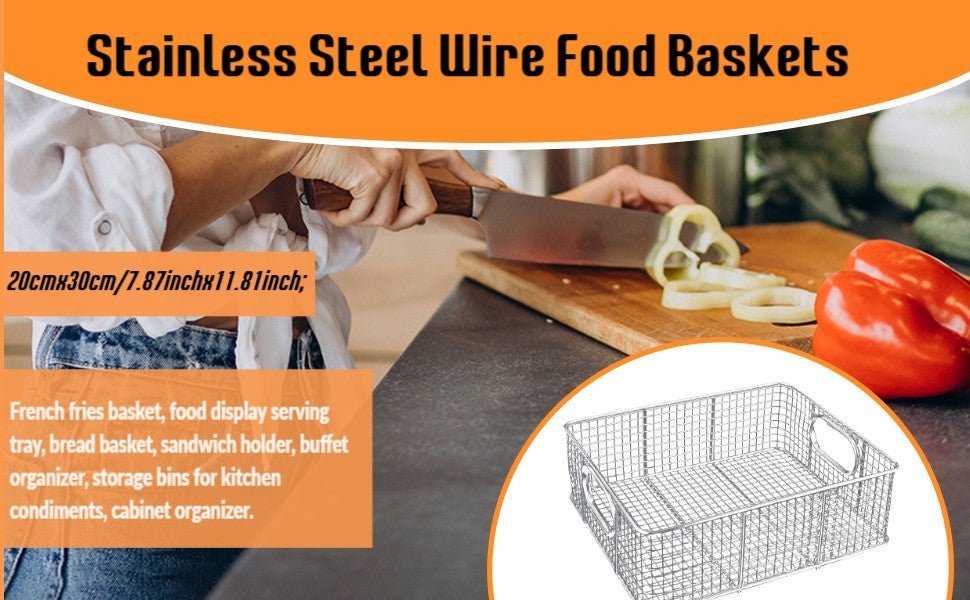 Stainless Steel Wire Food Baskets Buffet Basket Pan with Handle Baking Tool Food