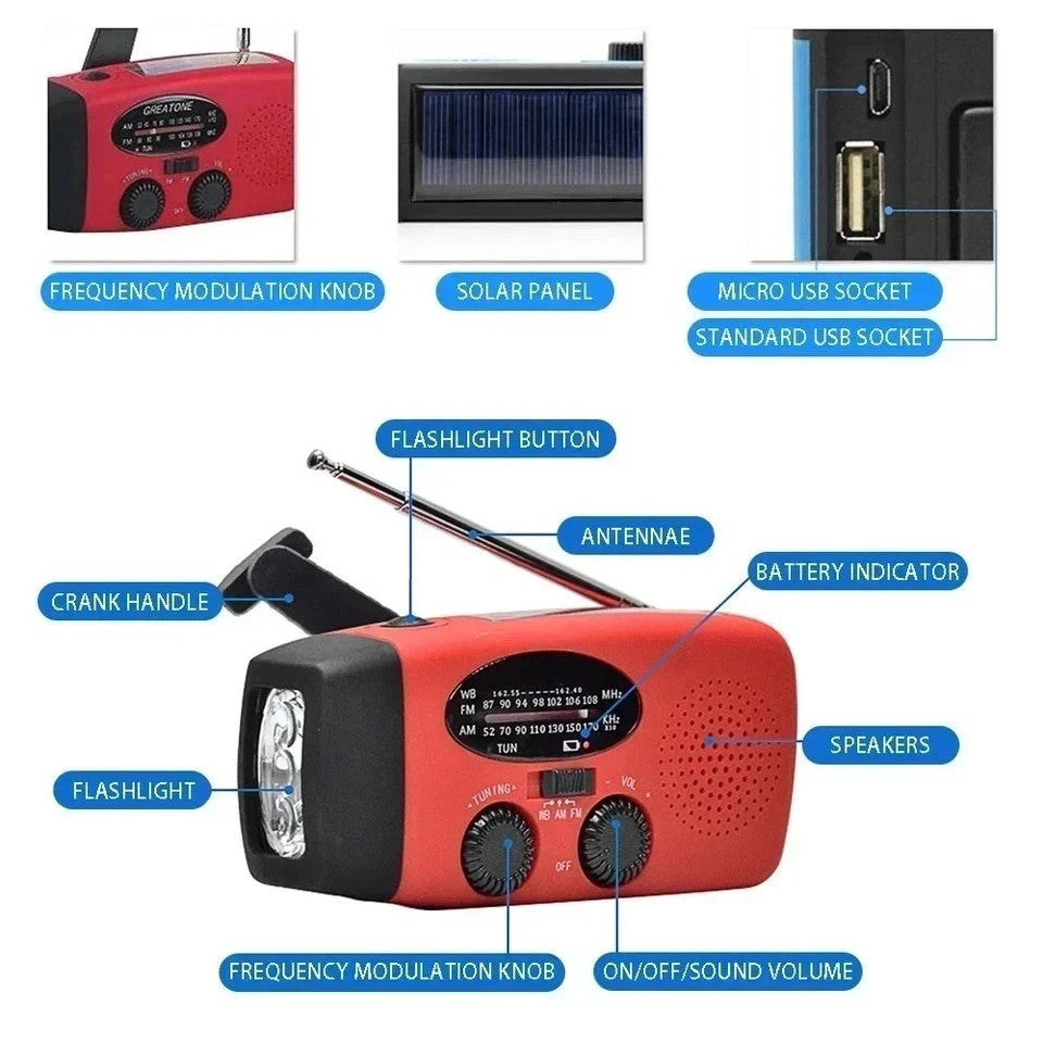 Wind Up Solar Radio Survival Hand Crank Dynamo AM / FM LED Flashlight for